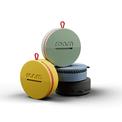 Roam tracker 4-Pack with blue, black, yellow, green, durable for families, global tracking.